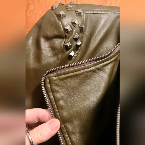 L&L Leisarely Life Collection Olive green Studded lined vegan leather jacket SzM - Picture 6 of 15